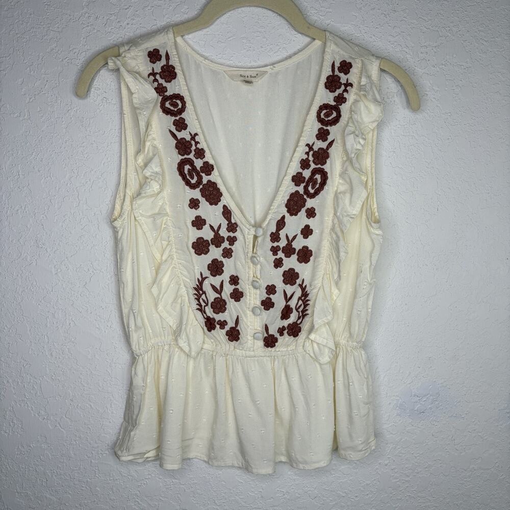 Sim & Sam Embroidered Peplum Hem Sleeveless Blouse Size XS made in India, boho